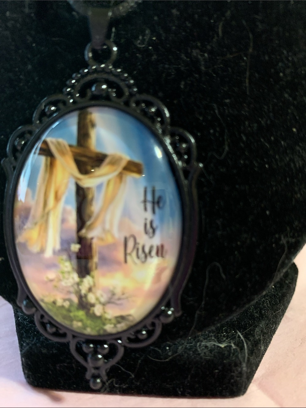 Religious Cross Pendant Necklace - "He is Risen" - Picture 2 of 7
